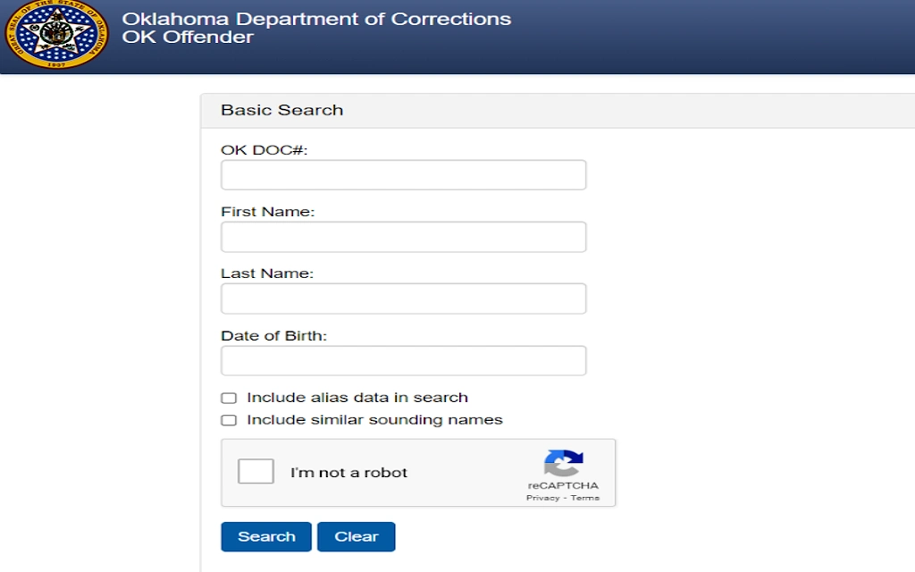 Oklahoma Department of Corrections search form to conduct a free Oklahoma warrant search within the OK Offender database.