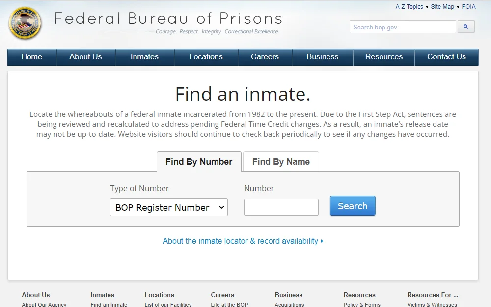 The Federal Bureau of Prisons' search tab displays its two search options: "Find by Number" and "Find by Name" To search by name, one must provide the inmate's entire name along with their race, age, and sex; the Bureau's logo is also shown in the top left corner.