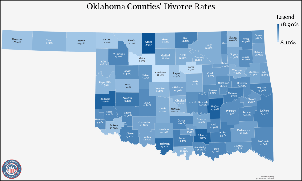An image showing the divorce rates (5-year estimates in 2021) of all Oklahoma counties that is presented through a map. 