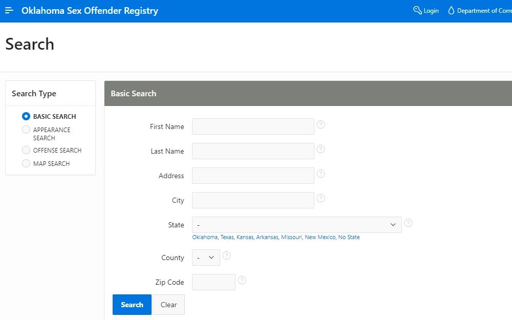 Oklahoma Sex Offender Registry page showing its basic search types with required fields such as first name, last name, address, city, state, and country from a dropdown box, zip code, and search and clear button.