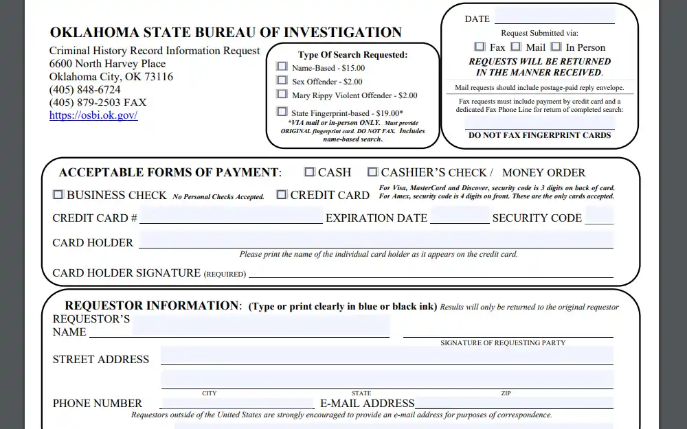 An image of the Oklahoma State Bureau of Investigation's search request form with the associated cost depends on the kind of search requested: options include Name-Based, Sex Offender, Mary Rippy Violent Offender, and Fingerprint-Based; the requestor's information and the Bureau's contact information can be found in the top left corner. 