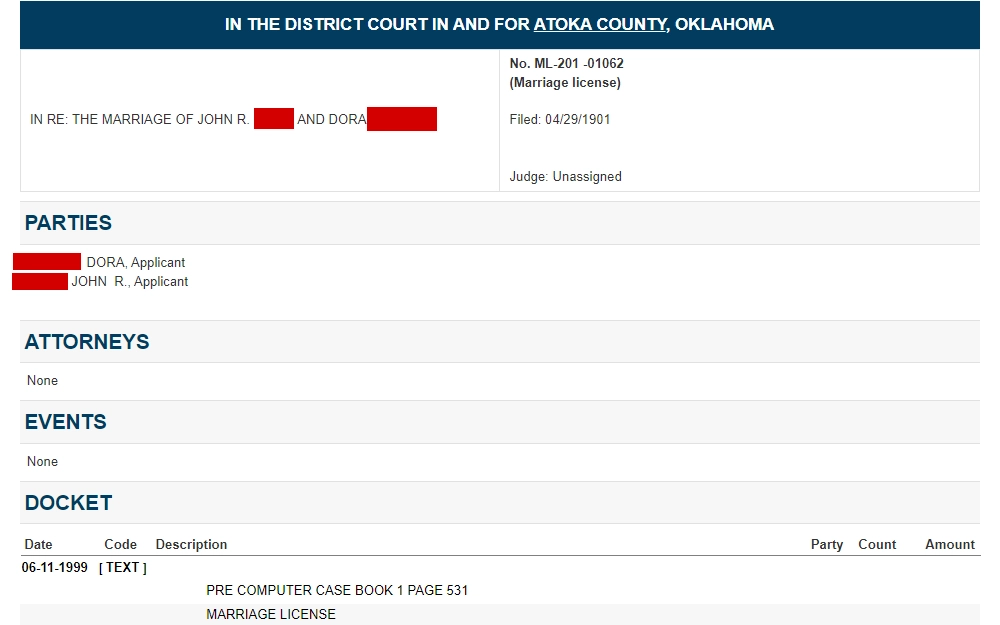 A screenshot from the Oklahoma State Courts Network shows the marriage license search results, including information such as party names, attorneys, events and docket details.