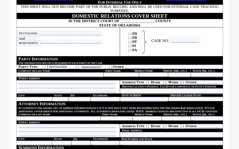 A screenshot of the cover sheet that can be used by an individual who need to file for a divorce.