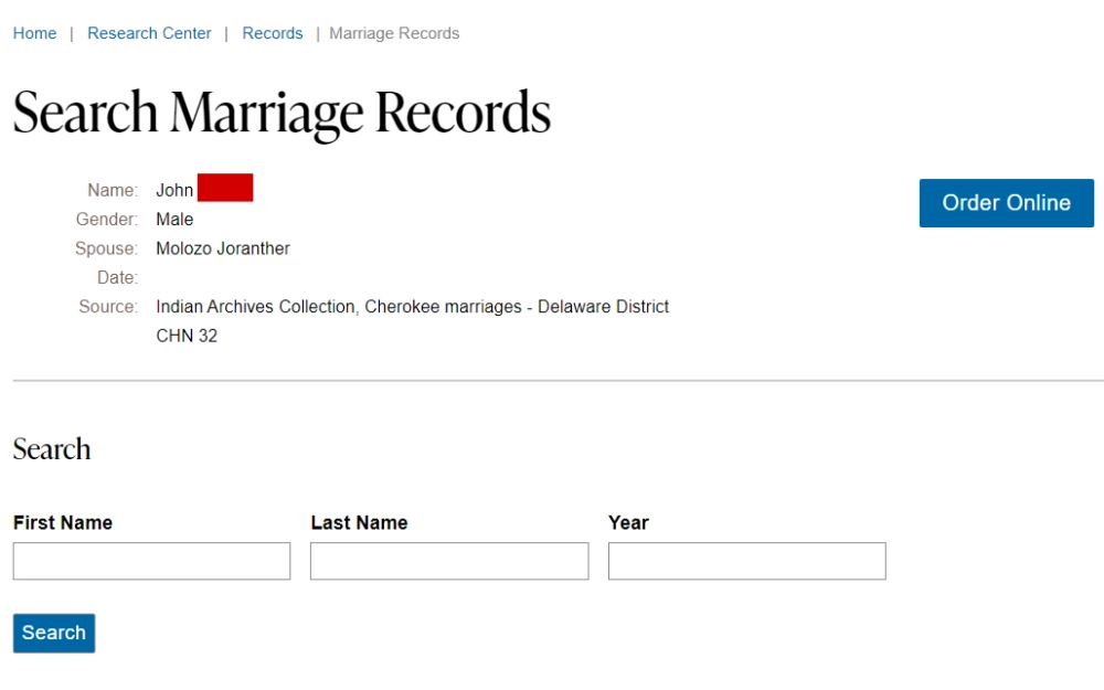 A screenshot of the Oklahoma Historical Society's marriage document search results is displayed, including the name of the parties and the source of the data; the search page is located at the bottom.