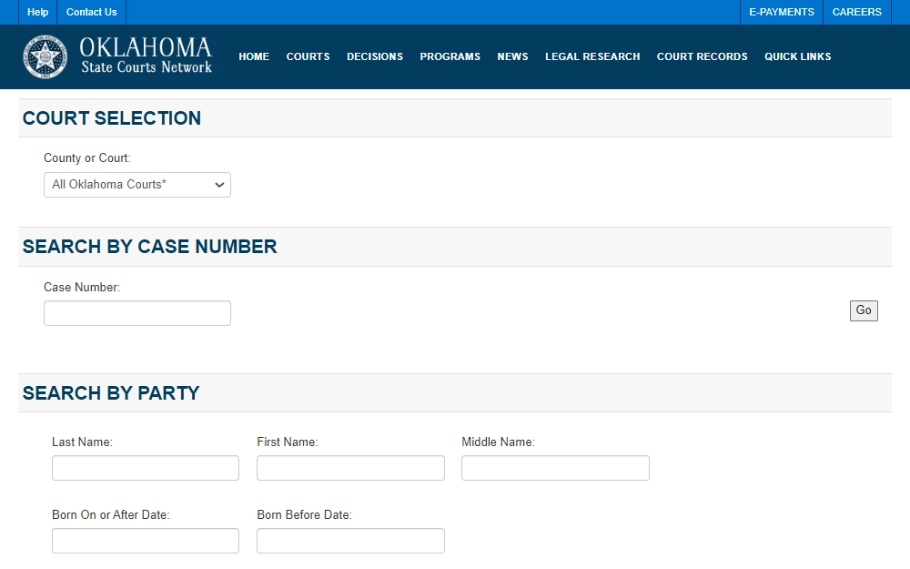 A screenshot of the Oklahoma State Courts website search page displays various search options for case data, including case number and party name.