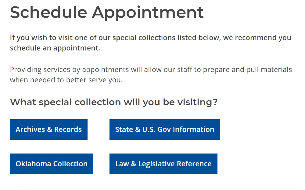 A screenshot of the tool used to schedule an appointment if the public wishes to visit one of the special collections listed.