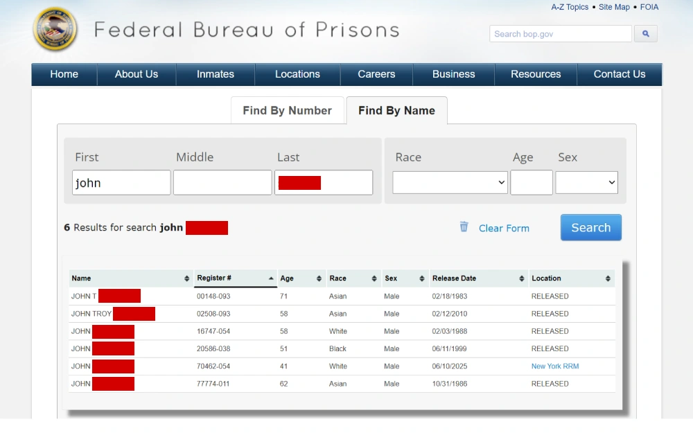 A screenshot showing an inmate locator search results displaying some details such as their register number, full name, sex, age, race, release date and location from the Federal Bureau of Prisons website.