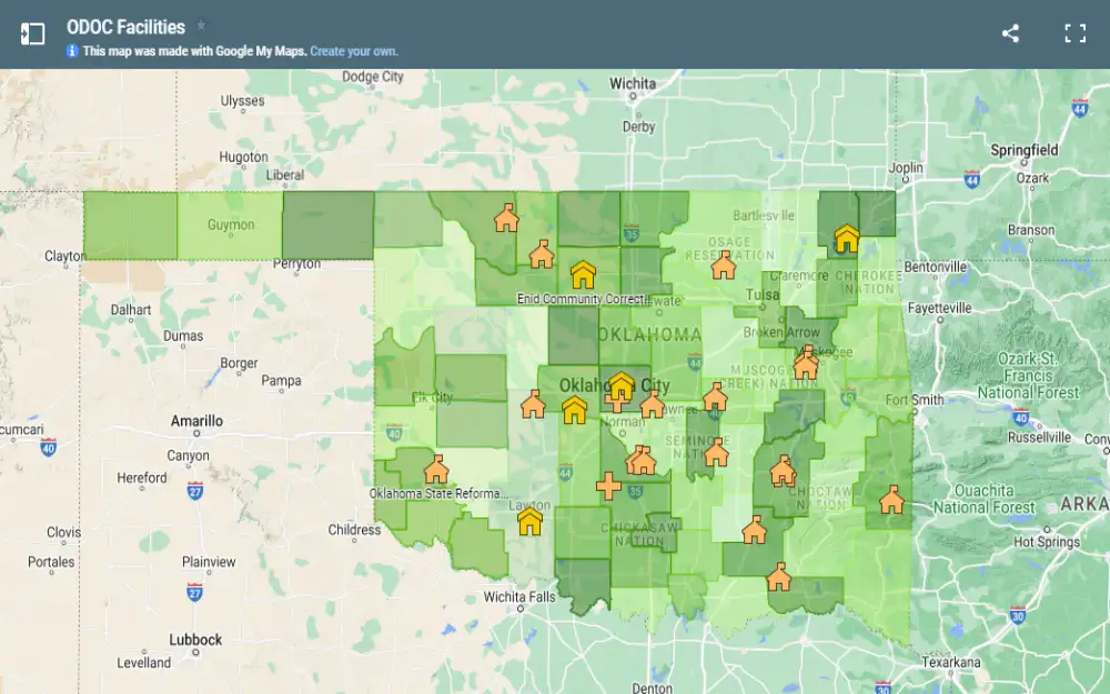 A screenshot of a movable visual map of the facilities found in Oklahoma City with a clickable link to the contact information, addresses and website from the Oklahoma Department of Corrections website.