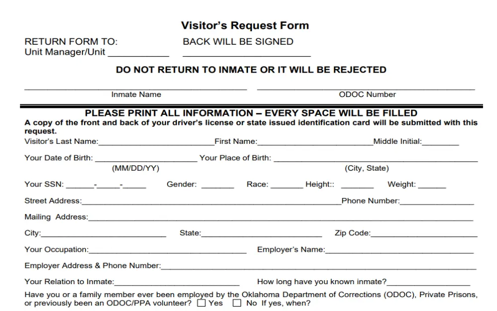A screenshot displaying a visitor's request form that requires details such as full name, street address, occupation, employer's details, relation to inmate, phone number, height, weight and state.