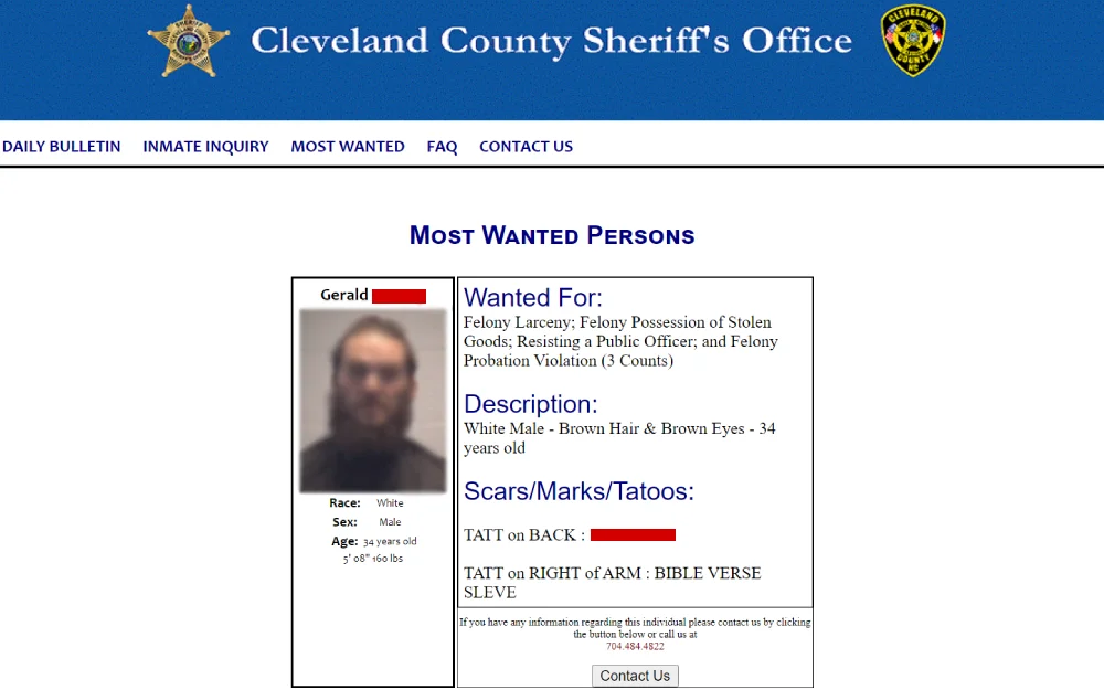 A screenshot from the Cleveland County Sheriff's Office displays an individual's profile, including a photograph, physical description, specific charges, and notable tattoos.