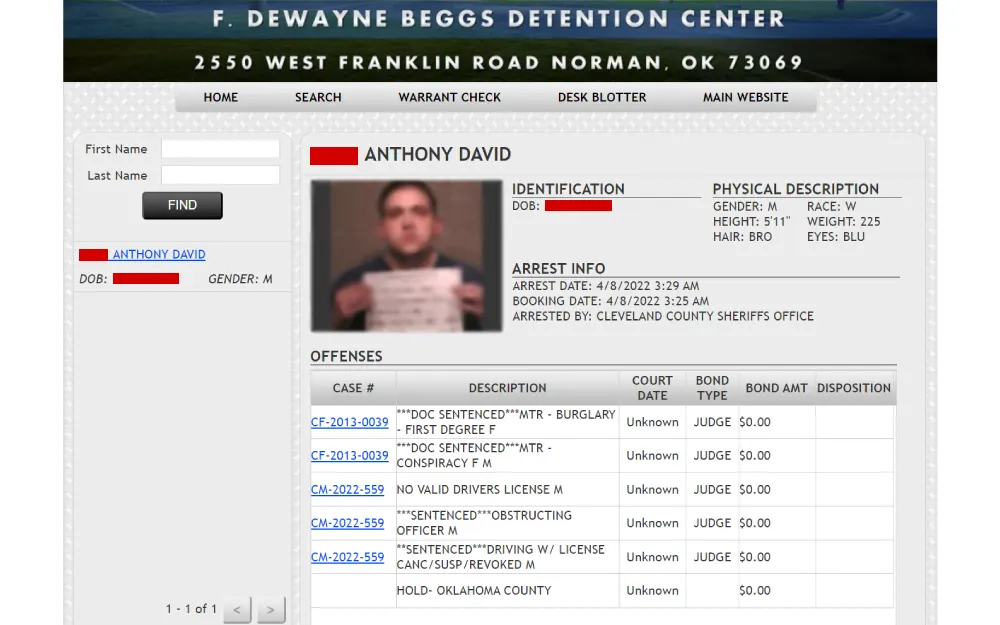 A screenshot from the F. Dewayne Beggs Detention Center displays a male inmate's detailed profile, including a mugshot, physical characteristics, and a list of offenses with case numbers and descriptions.