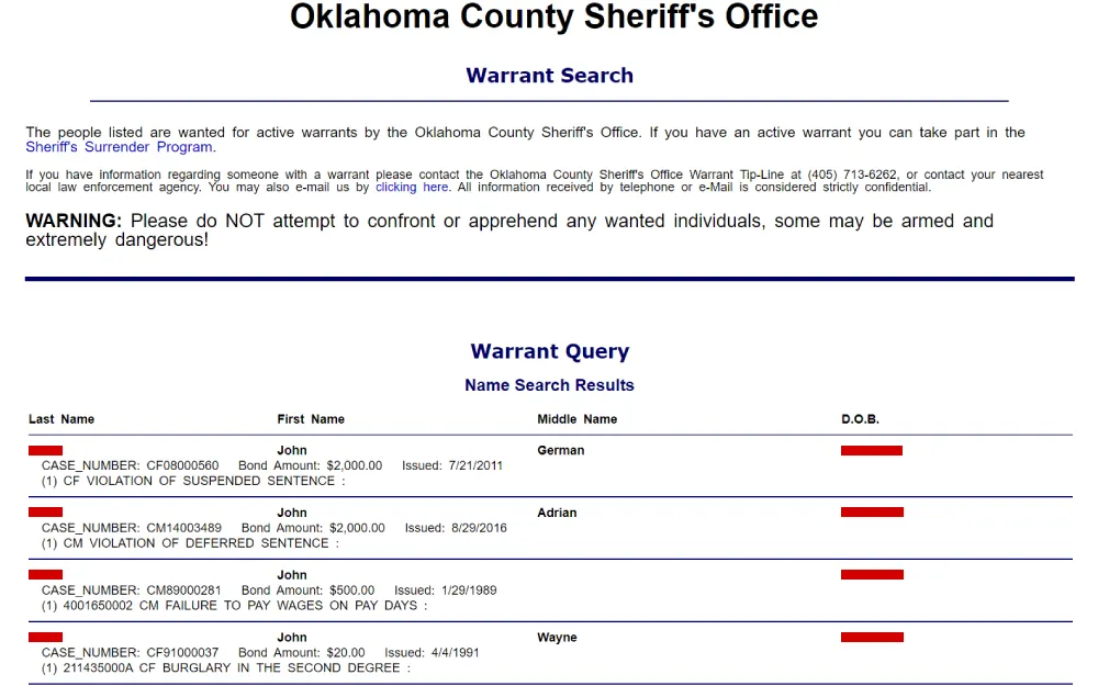 A screenshot from the Oklahoma County Sheriff's Office showing a list of individuals with their full names and dates of birth, alongside specific case numbers and offenses for which they are wanted, with a clear warning not to approach these individuals.