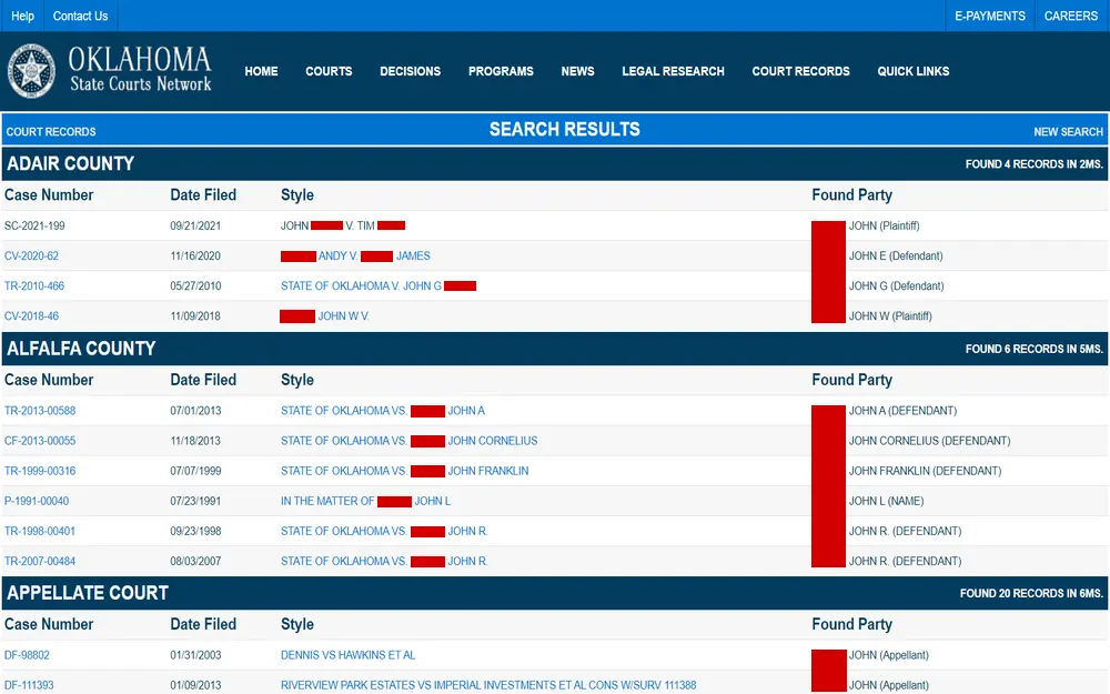 A screenshot from the Oklahoma State Courts Network shows search results with case numbers, filing dates, case styles, associated parties from different counties, and a summary of records found for a common name.