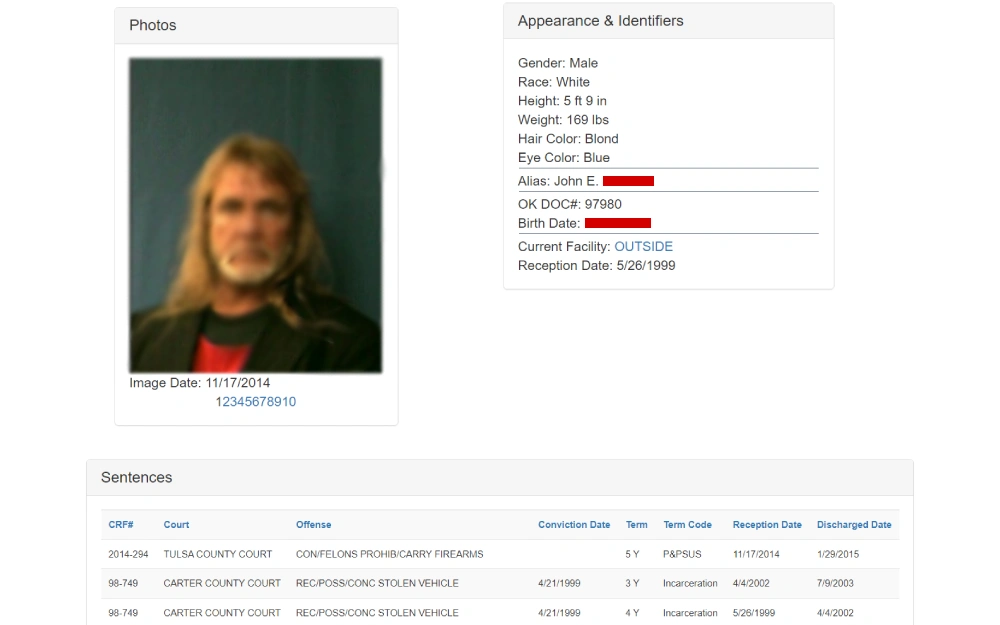 A screenshot of the Oklahoma Department of Corrections offender search tool featuring a mugshot, personal details like gender, race, and physical characteristics, along with a record of offenses and sentences from a corrections database.