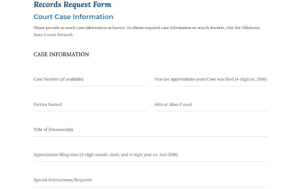 A screenshot of a Records Request Form from the Oklahoma County Court Clerk designed for individuals to request access to specific legal case records, requiring details such as the case number, involved parties' names, document titles, and filing dates.