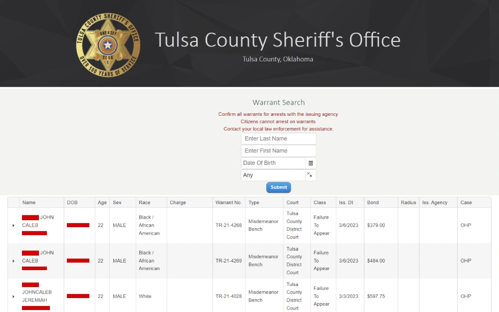A screenshot from the Tulsa County Sheriff's Office in Oklahoma shows a search interface for legal documents with a list of names, dates of birth, charges, and other case details.