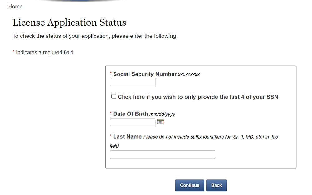 A screenshot of the Oklahoma State Bureau of Investigation website displaying a license application status with required fields such as social security number, date of birth and last name.
