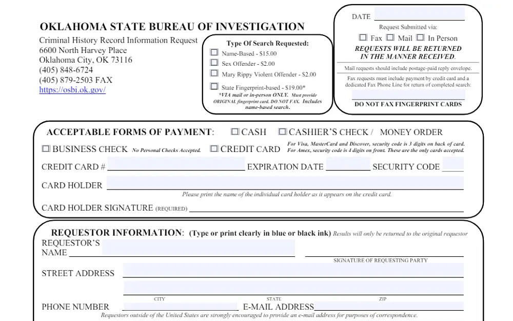 A screenshot of a criminal history requests fillable form from the Oklahoma State Bureau of Investigation website requiring details to be filled in such as credit card number, cardholder name and signature and requestor information.