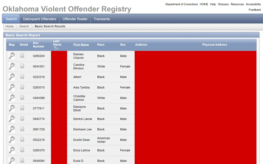 A screenshot of the Oklahoma violent offender registry's basic search results shows information such as a map, details, DOC number, last and first name, race, sex, address and physical address.