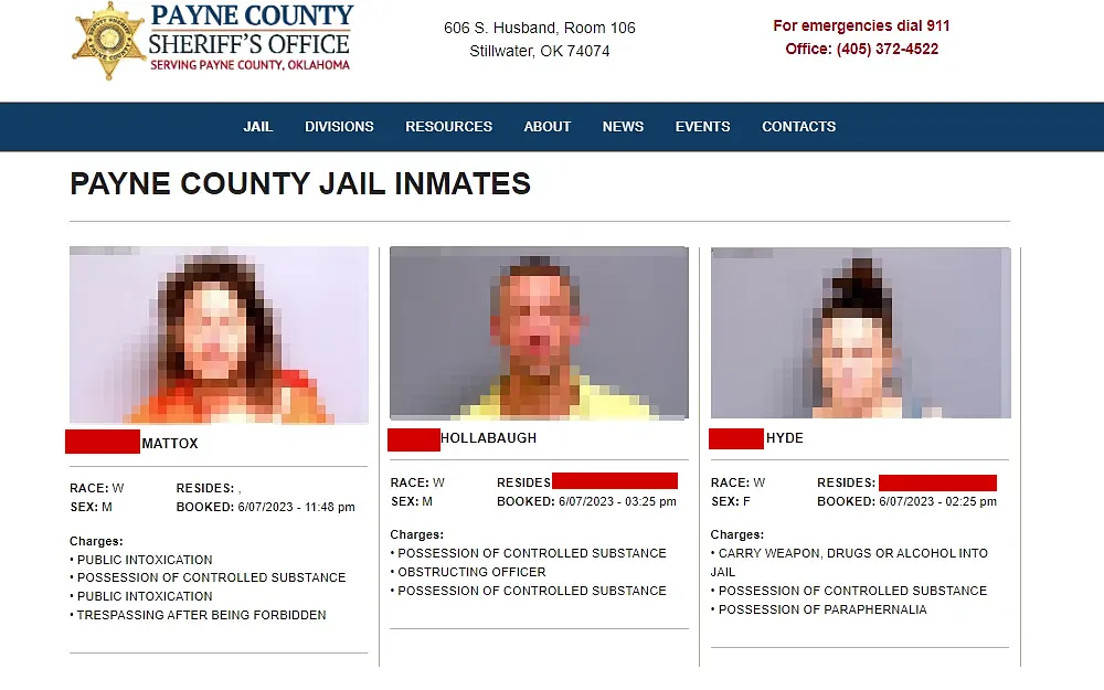 A screenshot from the Payne County Sheriff's Office displaying a list of jail detainees along with their mug photographs, full names, races, sexes, places of residence, and charges; the top left corner also features the Sheriff's Office logo, which is followed by the office address and a phone number to call in an emergency.