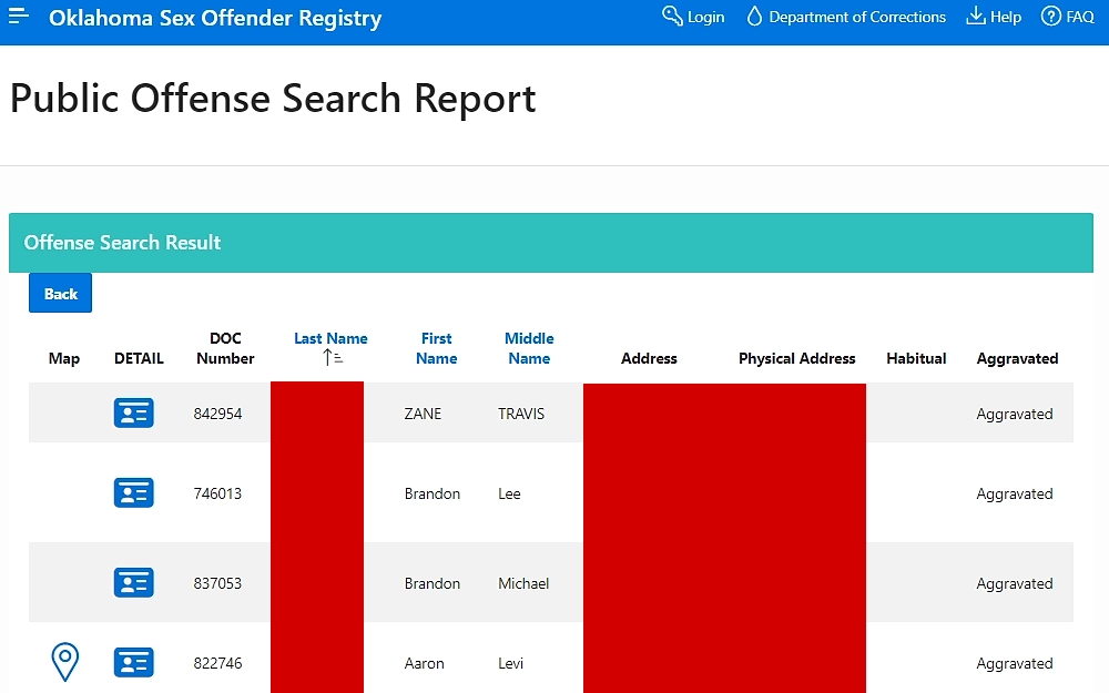 A snapshot of a search result for the sex offender registry tab shows a list of people arranged in columns with their full names, DOC numbers, and addresses.