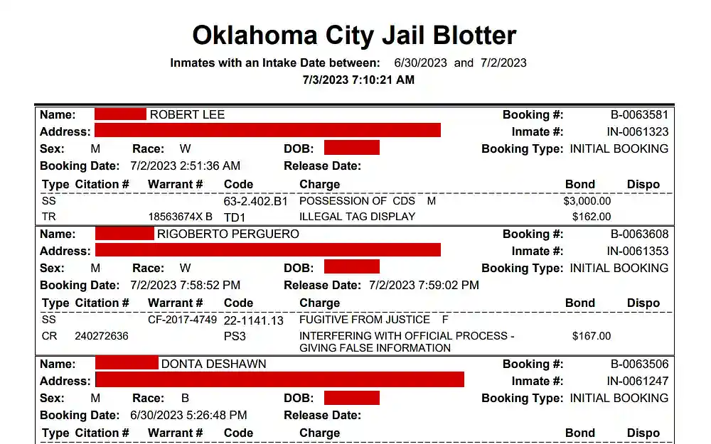 An image from the Oklahoma City Jail Page shows the individuals listed in the blotter; the page displays information for each offender, including their full name, address, sex, race, DOB, inmate no., booking date, type, and number, as well as the offense information.