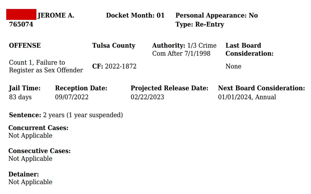 A screenshot from the Oklahoma Pardon and Parole Docket Search result shows the parolees' information, including the individual's full name, docket month, personal appearance, type, offense details, reception date, release date, next board consideration, and the offender's sentence.